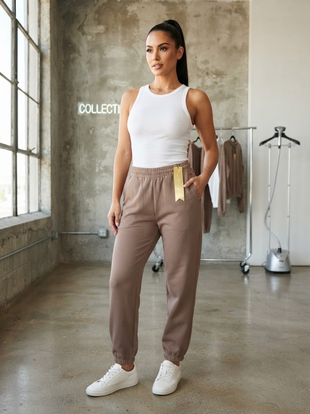 Everyday Elastic Waist Joggers in Taupe